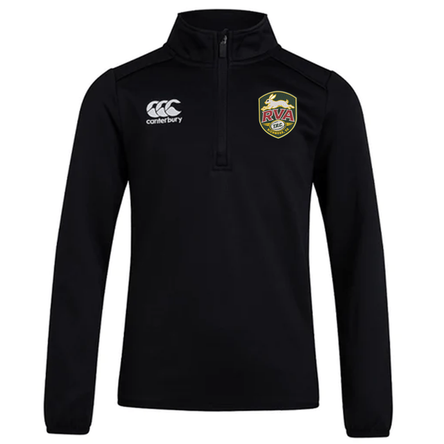 The RVA T.R.C. Club 1/4 Zip Mid Layer Training Top by EMB Canterbury features a black quarter-zip design with the Canterbury logo on the right chest and the RVA Rugby Club crest on the left chest—ideal as a rugby training top or cozy fleece for cool weather.