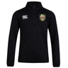 The RVA T.R.C. Club 1/4 Zip Mid Layer Training Top by EMB Canterbury features a black quarter-zip design with the Canterbury logo on the right chest and the RVA Rugby Club crest on the left chest—ideal as a rugby training top or cozy fleece for cool weather.