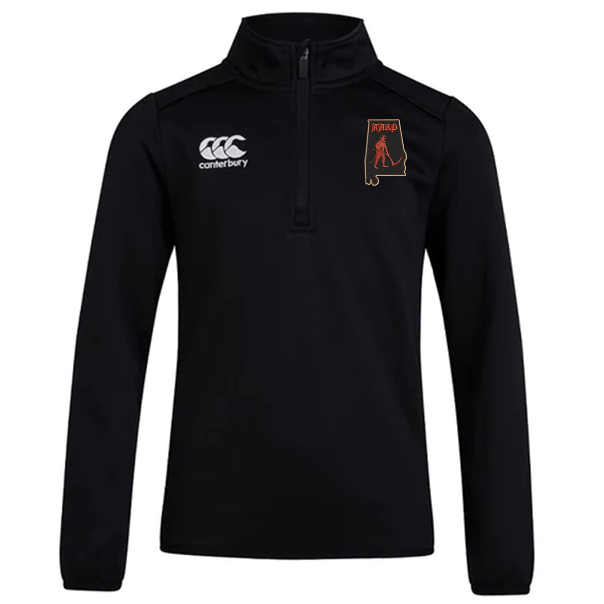 Aging Alabama Rugby Players Club 1/4 Zip Mid Layer Training Top by EMB Canterbury featuring an Alabama state silhouette logo with a skeletal figure.