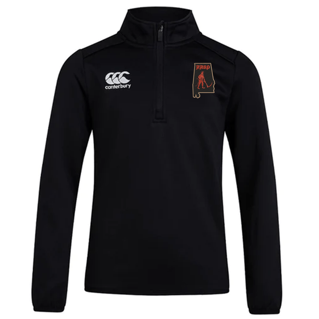 Aging Alabama Rugby Players Club 1/4 Zip Mid Layer Training Top by EMB Canterbury featuring an Alabama state silhouette logo with a skeletal figure.