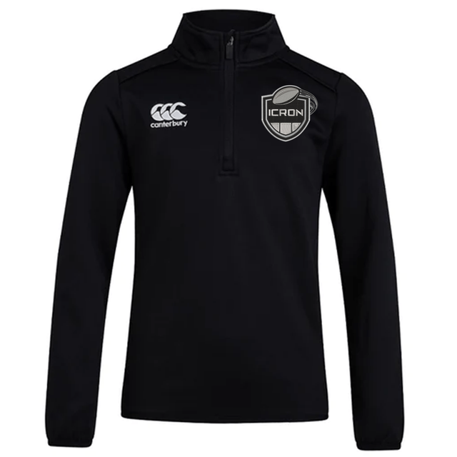 Black long-sleeved ICRON Club 1/4 Zip Mid Layer Training Top by Canterbury with logos on the chest.