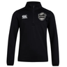 Black long-sleeved ICRON Club 1/4 Zip Mid Layer Training Top by Canterbury with logos on the chest.