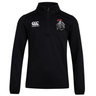 The Birmingham Iron Women's Football Club 1/4 Zip Mid Layer Training Top by EMB Canterbury is a black long-sleeve top featuring the CCC Club logo on the right chest and the "IRON" helmet logo on the left.