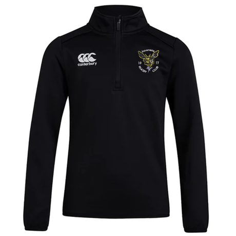 A black Hornets Rugby Club 1977 Club 1/4 Zip Mid Layer Training Top by Canterbury, featuring an EMB Canterbury logo on the right chest and a Hornets Rugby Club crest on the left chest.