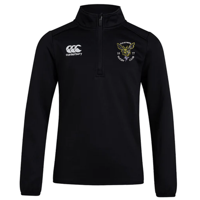 A black Hornets Rugby Club 1977 Club 1/4 Zip Mid Layer Training Top by Canterbury, featuring an EMB Canterbury logo on the right chest and a Hornets Rugby Club crest on the left chest.