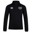 The EMB Canterbury East Stroudsburg University Club 1/4 Zip Mid Layer Training Top features a black fleece design with the Canterbury logo on the right chest and "ESU Rugby" on the left chest.
