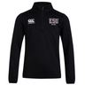 The EMB Canterbury East Stroudsburg University Club 1/4 Zip Mid Layer Training Top features a black fleece design with the Canterbury logo on the right chest and "ESU Rugby" on the left chest.