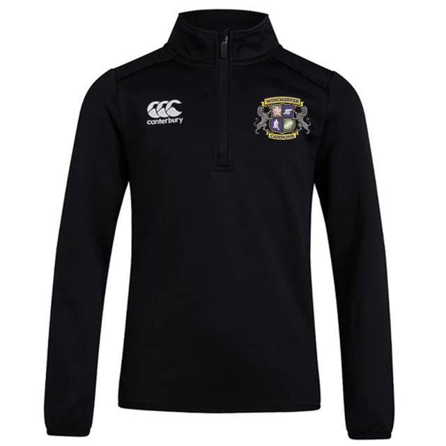 The Winchester Cannons Club 1/4 Zip Mid Layer Training Top by EMB Canterbury is a black sports top with the Canterbury logo and club crest, ideal for rugby training.
