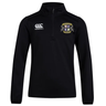 The Winchester Cannons Club 1/4 Zip Mid Layer Training Top by EMB Canterbury is a black sports top with the Canterbury logo and club crest, ideal for rugby training.