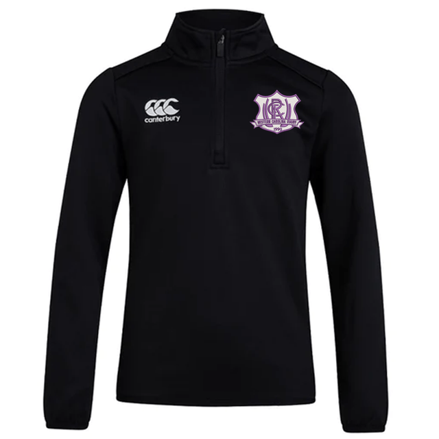Black long-sleeve Western Carolina University Club 1/4 Zip Mid Layer Training Top by Canterbury with a logo on the left chest and a Western Carolina University rugby crest on the right.