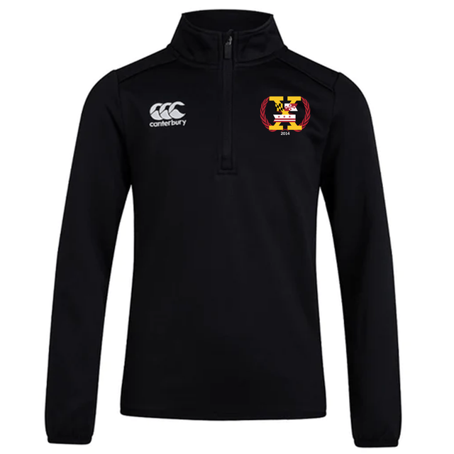 Potomac Exiles Rugby Club 1/4 Zip Mid Layer Training Top by EMB Canterbury—this black pullover is perfect for rugby training, featuring the iconic Canterbury logo on the right chest and a multi-colored Potomac Exiles crest on the left chest, making it an ideal choice for any club supporter.
