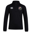 The Society of Iowa Rugby Referees Club 1/4 Zip Mid Layer Training Top by EMB Canterbury is a black long-sleeve fleece featuring a white Canterbury logo on the chest and a circular floral emblem on the left side, making it the perfect stylish and high-performance rugby mid layer.