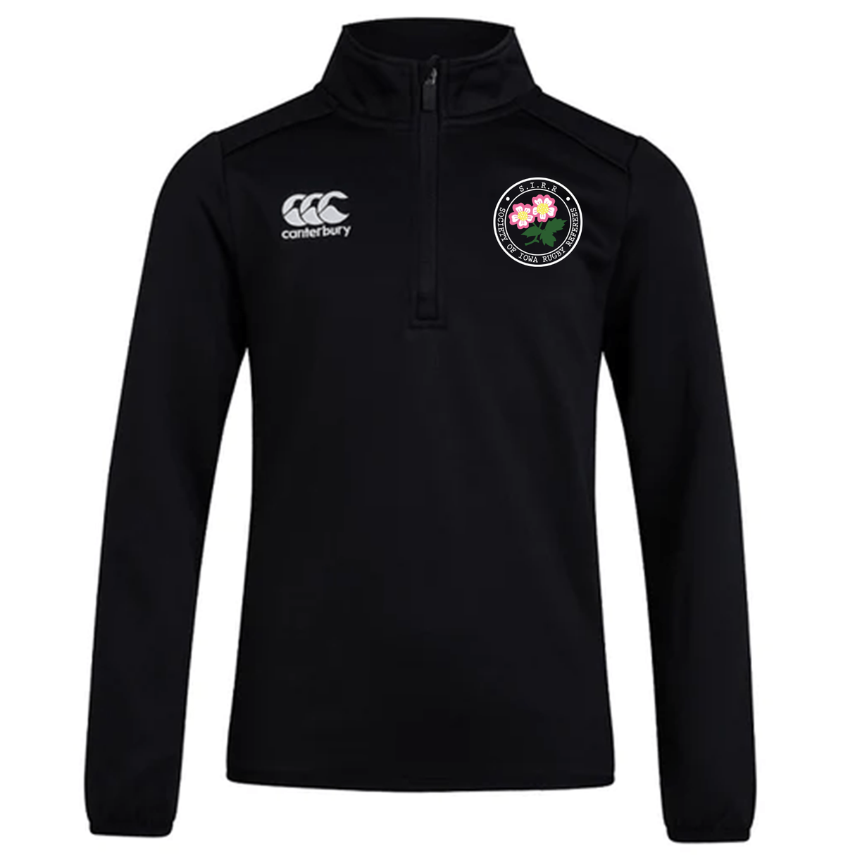 The Society of Iowa Rugby Referees Club 1/4 Zip Mid Layer Training Top by EMB Canterbury is a black long-sleeve fleece featuring a white Canterbury logo on the chest and a circular floral emblem on the left side, making it the perfect stylish and high-performance rugby mid layer.