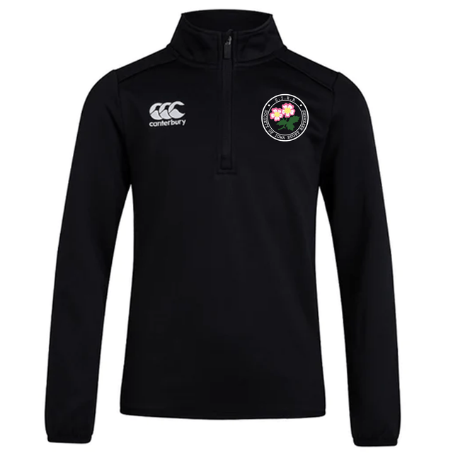 The Society of Iowa Rugby Referees Club 1/4 Zip Mid Layer Training Top by EMB Canterbury is a black long-sleeve fleece featuring a white Canterbury logo on the chest and a circular floral emblem on the left side, making it the perfect stylish and high-performance rugby mid layer.