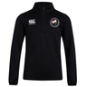 The Society of Iowa Rugby Referees Club 1/4 Zip Mid Layer Training Top by EMB Canterbury is a black long-sleeve fleece featuring a white Canterbury logo on the chest and a circular floral emblem on the left side, making it the perfect stylish and high-performance rugby mid layer.