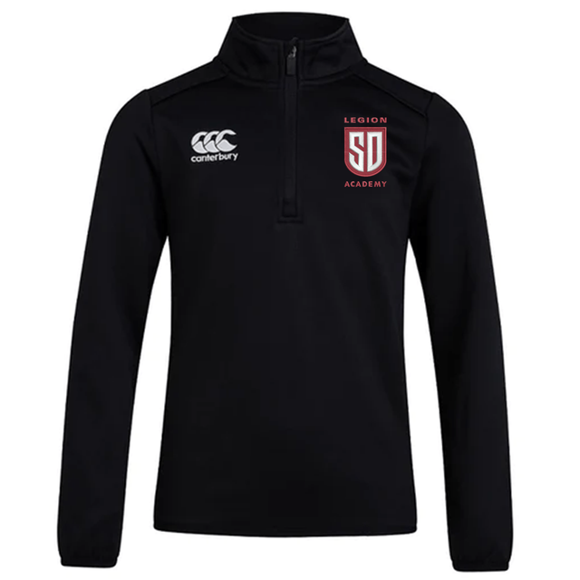 Black Legion Academy Club 1/4 Zip Mid Layer Training Top by Canterbury, a fleece quarter-zip with a logo and “Legion Academy” printed on the chest.