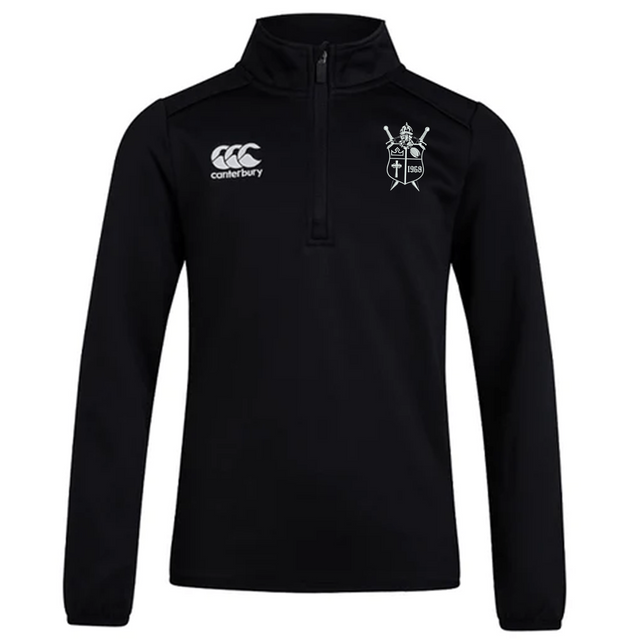 Black long-sleeved Cal Lutheran University Club 1/4 Zip Mid Layer Training Top by Canterbury featuring a brand logo on the right chest and a university crest on the left chest.