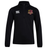 The Godzilla Rugby Football Club Club 1/4 Zip Mid Layer Training Top by EMB Canterbury is a black, long-sleeve athletic pullover featuring a 1/4 zip design, the Canterbury logo on the right chest, and a maroon Godzilla emblem on the left chest—perfect for rugby training.