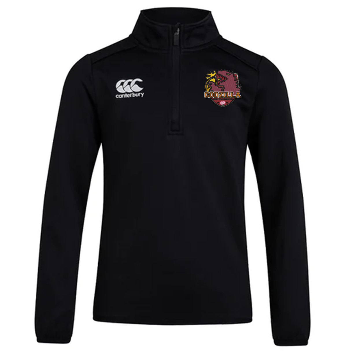 The Godzilla Rugby Football Club Club 1/4 Zip Mid Layer Training Top by EMB Canterbury is a black, long-sleeve athletic pullover featuring a 1/4 zip design, the Canterbury logo on the right chest, and a maroon Godzilla emblem on the left chest—perfect for rugby training.