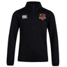 The Godzilla Rugby Football Club Club 1/4 Zip Mid Layer Training Top by EMB Canterbury is a black, long-sleeve athletic pullover featuring a 1/4 zip design, the Canterbury logo on the right chest, and a maroon Godzilla emblem on the left chest—perfect for rugby training.