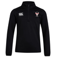 The Superior Rugby Club 1/4 Zip Mid Layer Training Top by EMB Canterbury features a black fleece design with club and Canterbury logos. Ideal for rugby training or daily wear, it offers comfort and style.