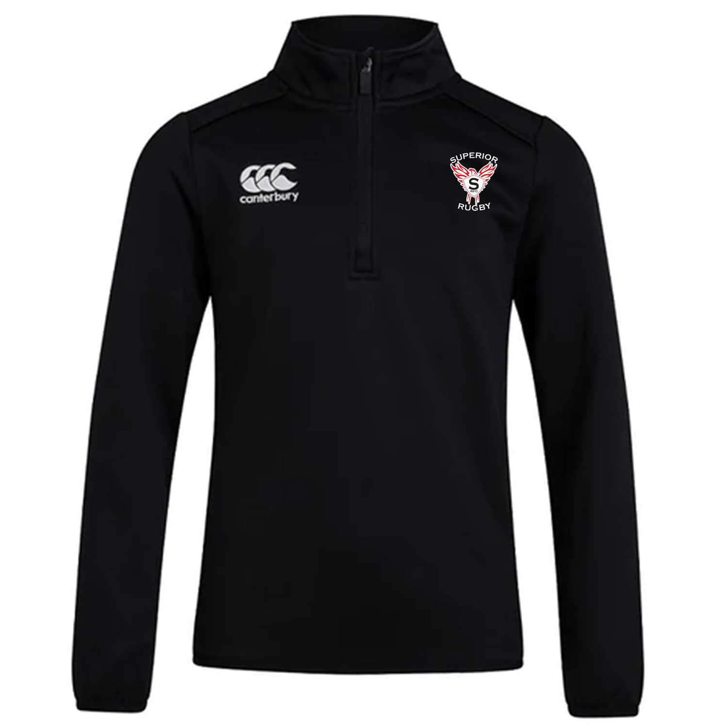 The Superior Rugby Club 1/4 Zip Mid Layer Training Top by EMB Canterbury features a black fleece design with club and Canterbury logos. Ideal for rugby training or daily wear, it offers comfort and style.