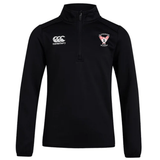The Superior Rugby Club 1/4 Zip Mid Layer Training Top by EMB Canterbury features a black fleece design with club and Canterbury logos. Ideal for rugby training or daily wear, it offers comfort and style.
