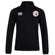 The Society of Iowa Rugby Referees Club 1/4 Zip Mid Layer Training Top by EMB Canterbury is a black long-sleeve rugby training top with a quarter zip, showcasing the Canterbury logo on the right chest and a round floral crest on the left chest. This Canterbury fleece offers both style and function, making it an ideal quarter zip mid layer for athletes.