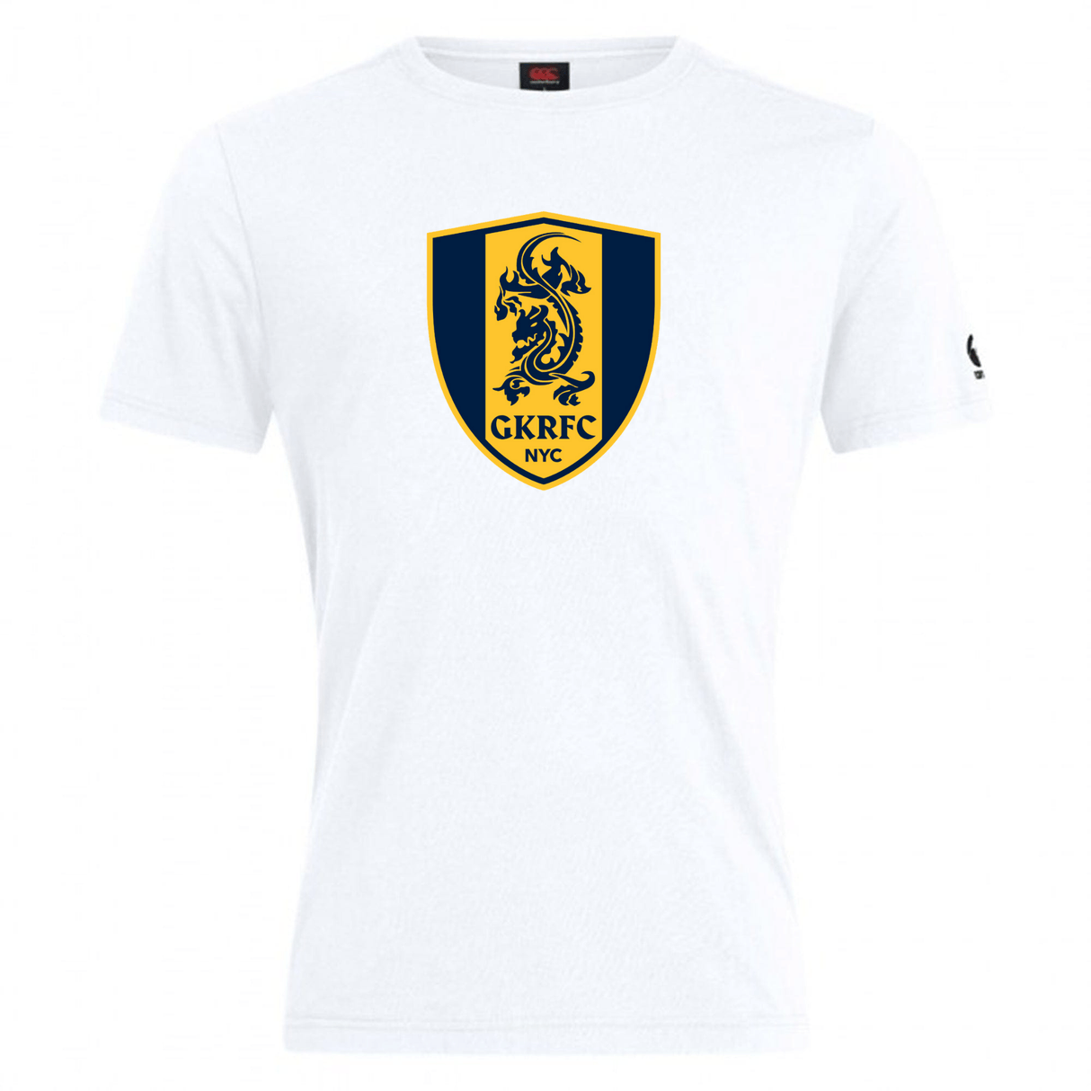 The Gotham Knights Club Plain Tee by Canterbury from WRS Canterbury features a navy and gold shield emblem with a lion and the text "GKRFC NYC" in the center, crafted from a premium cotton-heavy blend for ultimate comfort.