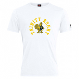 The Trinity College Club Plain Tee by WRS Canterbury is a white t-shirt, expertly crafted from a premium cotton-heavy blend. It features a customizable yellow rooster logo with "TRINITY RUGBY" prominently displayed above it in bold yellow text.