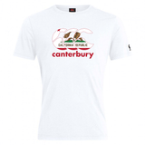 The WRS Canterbury California CCC Flag Club T-shirt showcases a white design with the iconic bear flag and red "canterbury" text—perfect for displaying your rugby state pride.