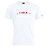 The USA Para Powerlifting Club Plain Tee by WRS Canterbury is a white cotton-blend shirt featuring "USA PARA POWERLIFTING" in bold with red lines beside "USA" on the chest.