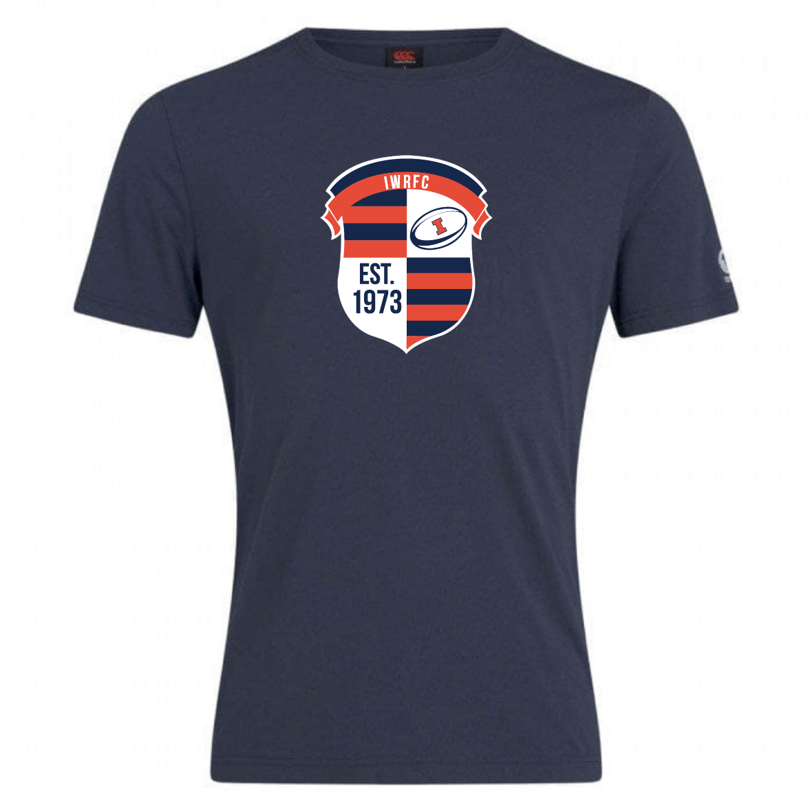 The Illinois Womens RFC Club Plain Tee by WRS Canterbury is a navy blue shirt made from a premium cotton-heavy blend, featuring a red and white "IWRFC" emblem and "EST. 1973" text, ideal for those who love timeless CCC Club Plain T-shirt style and quality.