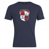 The Illinois Womens RFC Club Plain Tee by WRS Canterbury is a navy blue shirt made from a premium cotton-heavy blend, featuring a red and white "IWRFC" emblem and "EST. 1973" text, ideal for those who love timeless CCC Club Plain T-shirt style and quality.