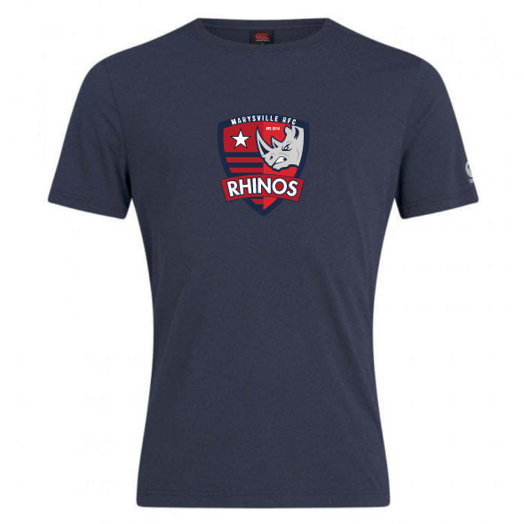 The Marysville Rhinos Club Plain Tee by WRS Canterbury is a navy blue T-shirt made from premium cotton blend featuring the "Marysville RFC Rhinos" logo with a rhino and star on the front.