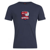 The Marysville Rhinos Club Plain Tee by WRS Canterbury is a navy blue T-shirt made from premium cotton blend featuring the "Marysville RFC Rhinos" logo with a rhino and star on the front.