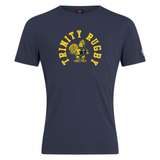 The Trinity College Club Plain Tee by WRS Canterbury is a navy blue cotton blend t-shirt featuring "Trinity Rugby" in yellow and a central yellow rooster logo. This customizable tee offers both comfort and style for rugby enthusiasts.