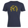 The Trinity College Club Plain Tee by WRS Canterbury is a navy blue cotton blend t-shirt featuring "Trinity Rugby" in yellow and a central yellow rooster logo. This customizable tee offers both comfort and style for rugby enthusiasts.