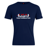 The USA Para Powerlifting Club Plain Tee by Canterbury from WRS Canterbury is a navy blue cotton blend shirt with "USA Para Powerlifting" and a red, white, and blue barbell graphic—great as a customizable or classic tee.
