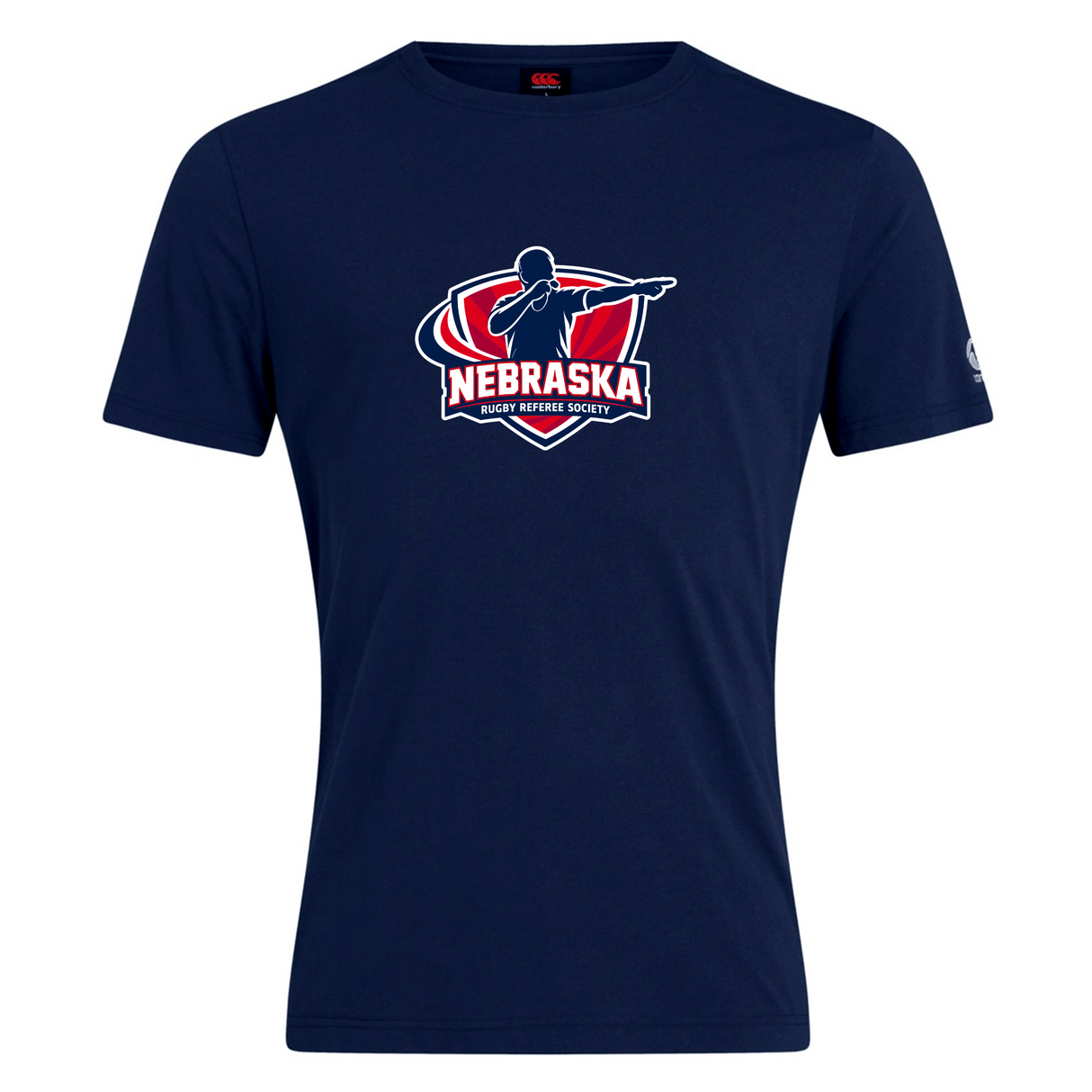 The Nebraska Rugby Referee Society Club Plain Tee by WRS Canterbury is a navy blue cotton blend shirt featuring the society logo with a referee silhouette and bold text on the front.