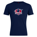 The Nebraska Rugby Referee Society Club Plain Tee by WRS Canterbury is a navy blue cotton blend shirt featuring the society logo with a referee silhouette and bold text on the front.