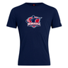 The Nebraska Rugby Referee Society Club Plain Tee by WRS Canterbury is a navy blue cotton blend shirt featuring the society logo with a referee silhouette and bold text on the front.