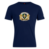 The Old Man Rivah Rugby Club Plain Tee by WRS Canterbury is a navy blue cotton blend shirt featuring a gold and white crest with two lions and custom text on the front, adding timeless style to any wardrobe.