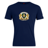 The Old Man Rivah Rugby Club Plain Tee by WRS Canterbury is a navy blue cotton blend shirt featuring a gold and white crest with two lions and custom text on the front, adding timeless style to any wardrobe.