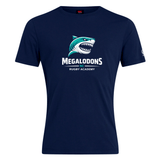 The NC Rugby Academy - Megalodons Club Plain Tee by WRS Canterbury is a navy cotton blend t-shirt with a stylized shark head above "Megalodons NC Rugby Academy" in bold white letters.