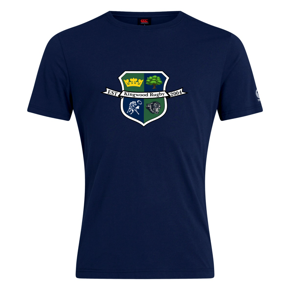 The Kingwood Rugby Club Plain Tee by WRS Canterbury is a navy blue customizable cotton blend featuring a crest with a crown, tree, rugby player, lion, and "Est 1904 Kingwood Rugby" for stylish comfort.