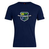 The Kingwood Rugby Club Plain Tee by WRS Canterbury is a navy blue customizable cotton blend featuring a crest with a crown, tree, rugby player, lion, and "Est 1904 Kingwood Rugby" for stylish comfort.