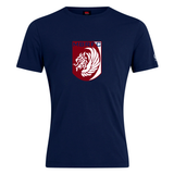 The Montgomery Bucks Griffins Club Plain Tee by WRS Canterbury is a navy cotton blend t-shirt with a maroon and white lion crest and "MBRFC" text on the chest, offering customizable classic style.