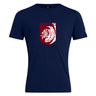 The Montgomery Bucks Griffins Club Plain Tee by WRS Canterbury is a navy cotton blend t-shirt with a maroon and white lion crest and "MBRFC" text on the chest, offering customizable classic style.