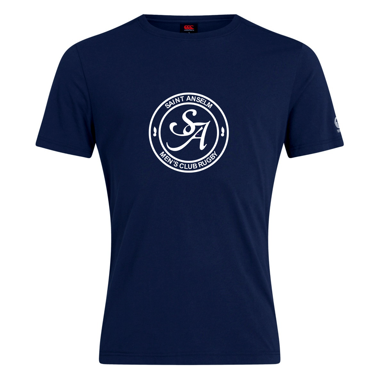 Show your team spirit with the Saint Anselm College Club Rugby Plain Tee by WRS Canterbury—a navy cotton blend shirt featuring a white "SA" logo and "SAINT AN SEUM MEN'S CLUB RUGBY" in a front circle print. Customizable and comfortable!.